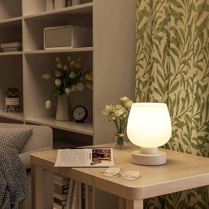 Touch Table Lamp for Nightstand - Small Bedside Lamp for Bedroom Living Room Night Stands, Desk Lamp with White Glass Shade for Small Spaces, 3 Way Dimmable, LED Bulbs, Gifts
