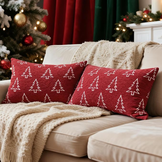 2 Pack Chenille Christmas Pillow Covers 12x20, Red Double-Sided Snowflake & Christmas Tree, Cozy Farmhouse Holiday Cushion Case, Decorative Throw Pillowcase for Sofa Couch Bed(Red,12x20)