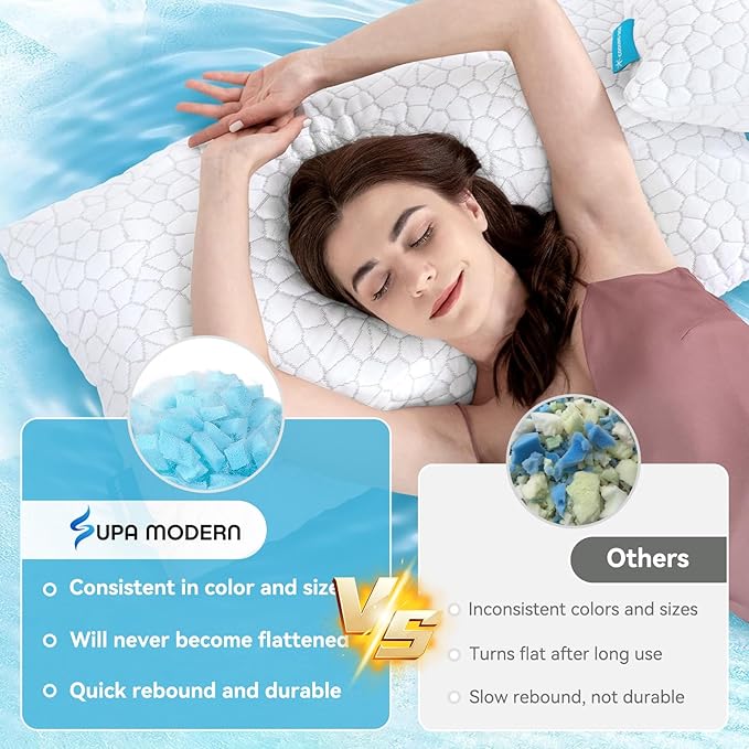 SUPA MODERN Cooling Pillows Queen Size Set of 2, Shredded Memory Foam Pillows for Sleeping 2 Pack, Adjustable Firm Bed Pillow for Side Back Stomach Sleepers, Cool Luxury Gel Pillow for Neck Support