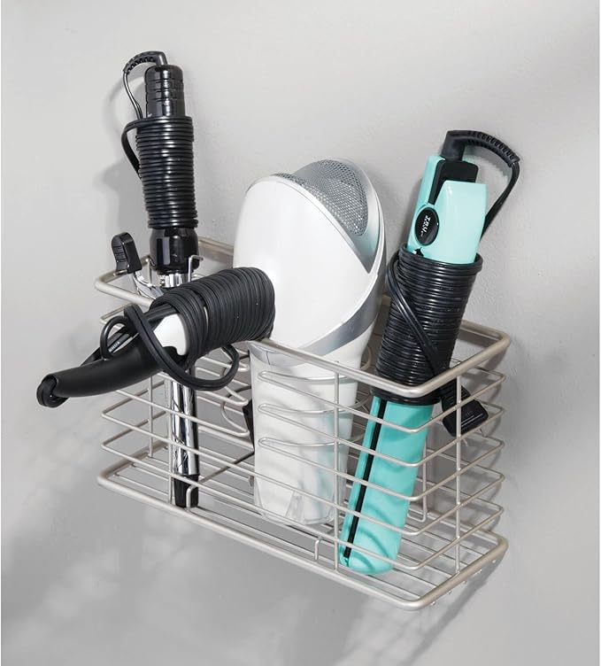 mDesign Steel Wall Mount Hair Dryer Storage Organizer - Tool Basket for Bathroom and Bedroom - Holds Dryer, Flat Iron, Curling Wand, Straightener - Linelle Collection - Satin