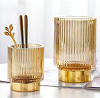 DASITON Makeup Brush holder Organizer,Crystal Cosmetic Makeup Brush Glass Brushes Storage Holder, Vintage Make Up Brush Cup Pen Pencil Holder striped vase(Coffee S)