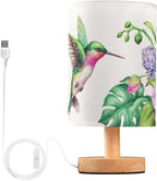 Table Lamp Flying Hummingbird Nature Tropical Orchid Flower Jungle Leaves Nightstand Lamp with Wood Base Fabric Lamp Shade Bedside Desk Lamp for Living Room Bedroom Kids Room Office