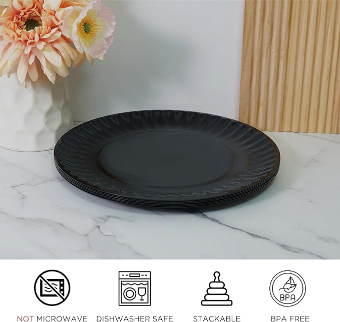 TP 6-Piece Melamine Plates Set, 10.5-Inch Reusable Dinner Plates for Picnic, Party, BBQ & Camping, Dishwasher Safe Lightweight Tableware, Black