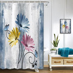 Rustic Farmhouse Shower Curtain, Farm Blue Daisy Floral Flowers and Butterfly on Country Wooden Shower Curtain for Bathroom, Turquoise Pink Yellow Bathroom Shower Curtains with 6PCS Hooks, 36X70IN
