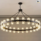 48 Inch Black Wagon Wheel Chandelier with Crystal Shade, Crystal Chandelier, Modern Farmhouse Style, Ideal for Dining Room, Kitchen, Entryways,48 Lights (Bulbs Included)