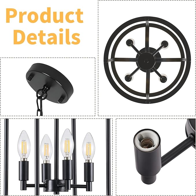 4-Light Black Chandeliers for Dining Room, Foyer Chandeliers Lantern Tiered Industrial Ceiling Light Metal Modern Farmhouse Pendant Lights for Kitchen Island Entryway, Living Room