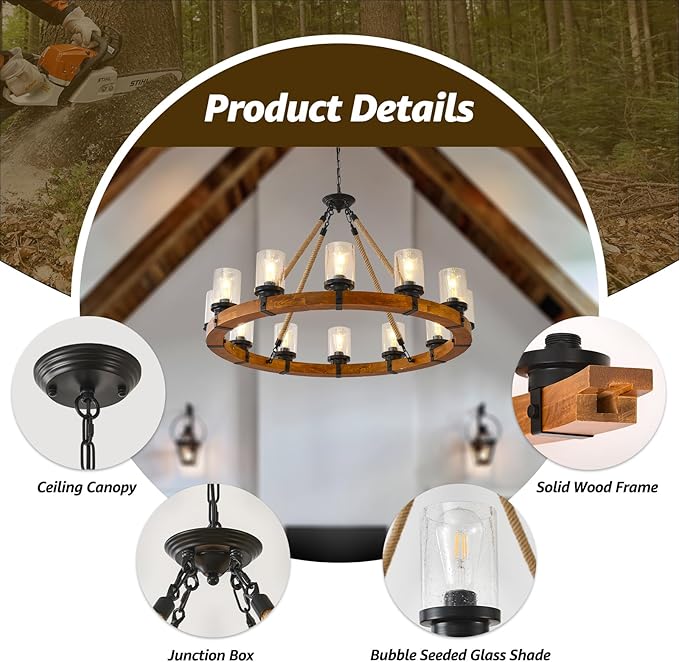 12-Light Wood Wagon Wheel Chandelier, 40-inch Round Vintage Hanging Light Fixtures with Seeded Glass Shade for Living Room Café Foyer E26