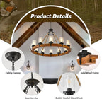 12-Light Wood Wagon Wheel Chandelier, 40-inch Round Vintage Hanging Light Fixtures with Seeded Glass Shade for Living Room Café Foyer E26