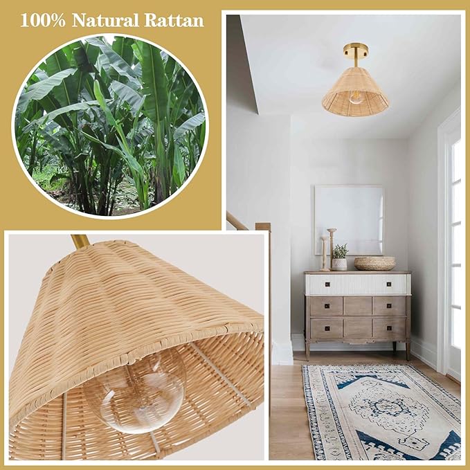 Boho Gold Semi Flush Mount Ceiling Light, Farmhouse Rattan Ceiling Light Fixture with Hand-Woven Natural Cage Shade, Modern Mini Chandelier Rustic Retro Lights for Bedroom Hallway Entryway Dining Room