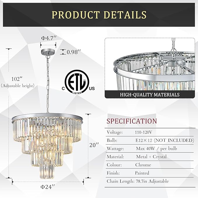 Modern Chrome Crystal Chandeliers 24” Luxury Chandeliers 4-Tier 12 Lights K9 Crystal Round Ceiling Pendant Light Fixture Contemporary for Living Dining Room Foyer Staircase Bedroom