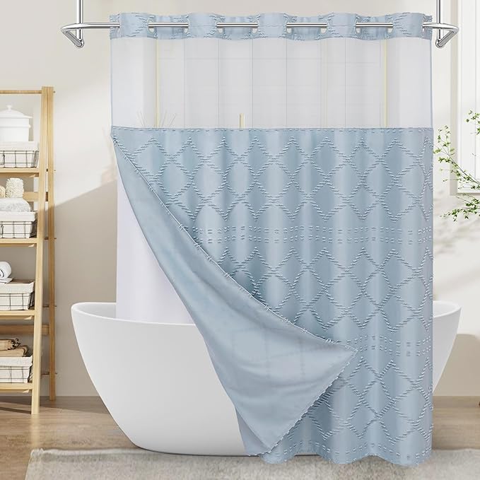 Boho FogBlue Woven Fabric Shower Curtain 72 x 74 Modern Farmhouse, No Hooks Tufted Chevron Striped Shabby Chic Textured, Minimalist Cloth Curtain for Bathroom, Hotel Decor