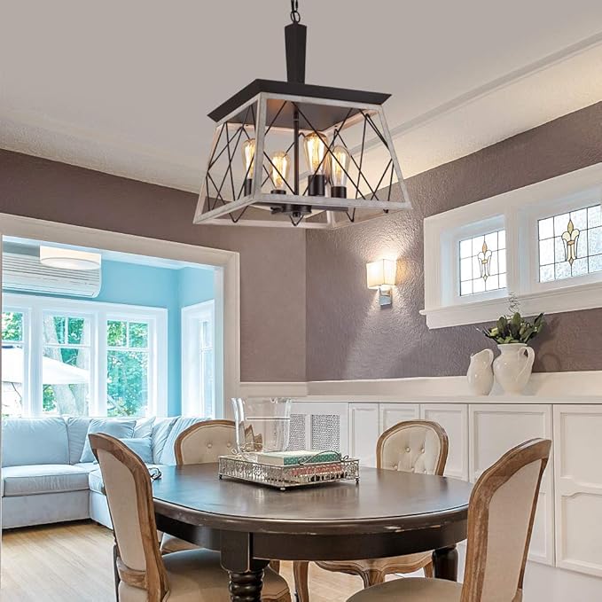 Q&S Farmhouse Vintage Chandelier, Rustic Pendant Light,Industrial Hanging Light Fixture for Dining Room Kitchen Island,Wrought Iron,ORB+Oak White 4 Lights E26 UL Listed