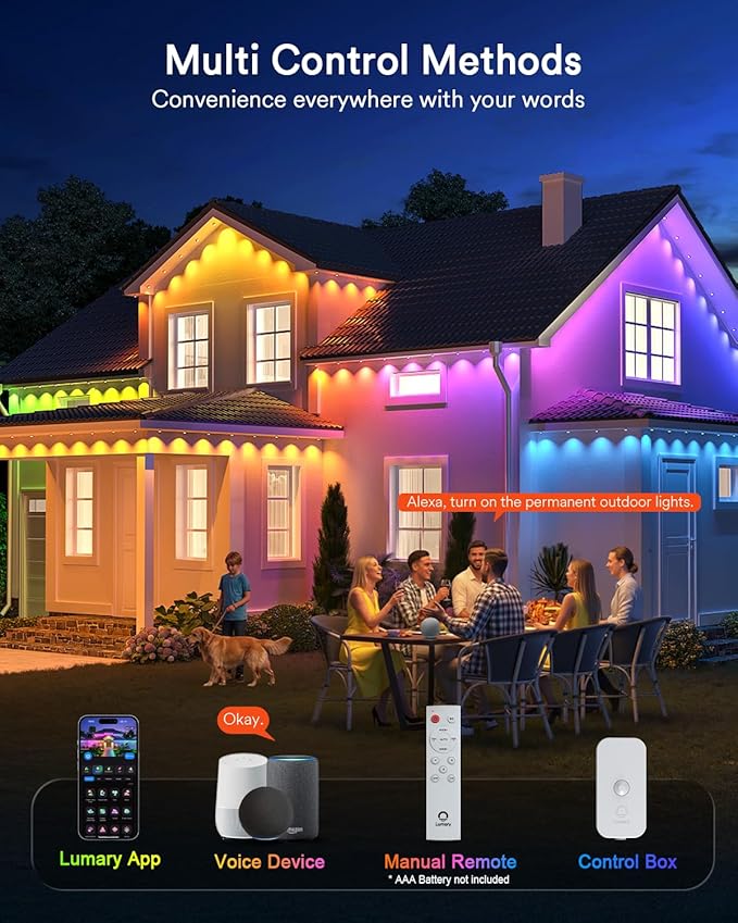 Lumary Smart Permanent Outdoor Lights 2 with Remote & Slide-Base, 100ft with 60 RGBAICW LEDs 3600lm for Daily & Accent Lighting, 110+ Scene for Halloween Christmas Decor, Work with Alexa Google, White