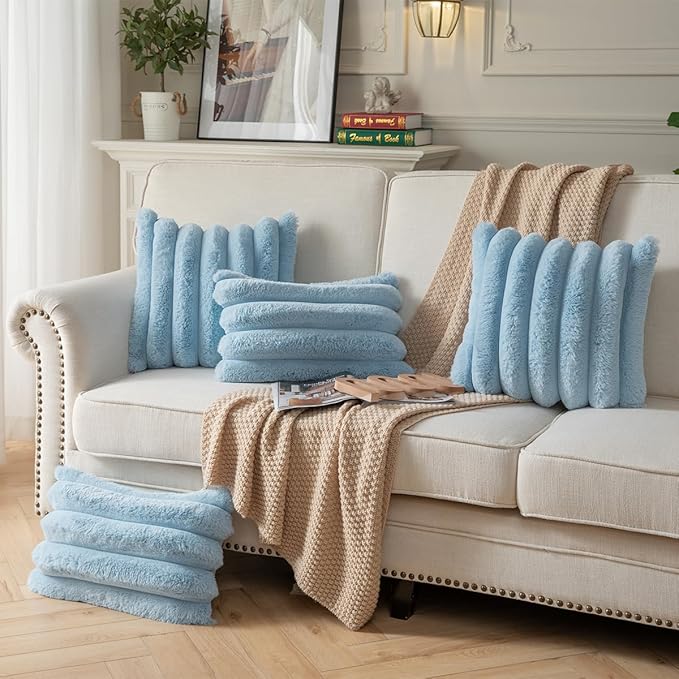 Faux Fur Plush Throw Pillow Covers 18x18 Inch Set of 2 - Luxury Decorative Fuzzy Striped Soft Cozy Pillowcase for Couch, Sofa, Living Room - Blue