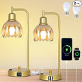 Mid Century Table Lamp With USB Port And Outlet Set Of 2, Amber Glass Bedside Table Lamp For Bedroom, Retro Desk Lamps For Home Office, Vintage Night Stand Lamps, Modern Gold Industrial Desk Light