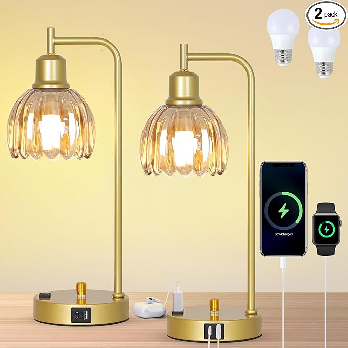 Mid Century Table Lamp With USB Port And Outlet Set Of 2, Amber Glass Bedside Table Lamp For Bedroom, Retro Desk Lamps For Home Office, Vintage Night Stand Lamps, Modern Gold Industrial Desk Light