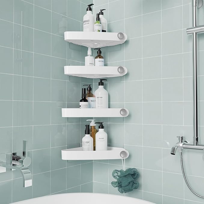 Sotfamily Shower Caddy Corner, 4 Pack Adhesive Corner Shower Shelves for Bathroom Organizers and Storage, Rust Free Plastic Rack for Bathroom Accessories & Decor, White