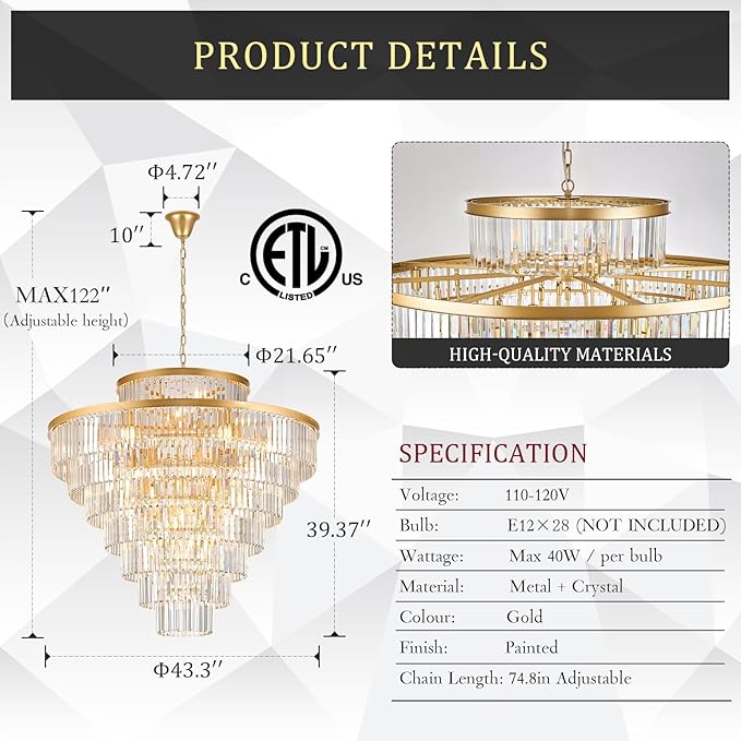 8 Tiers Large Gold Crystal Chandeliers 28 Lights 43.3" Modern Luxury Chandelier for High Ceiling Foyer Round K9 Ceiling Pendant Light Fixture for Living Dining Room Hotel Lobby