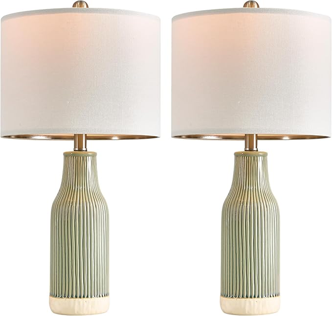 23.75" Modern Green Ceramic Table Lamp Set of 2 for Living Room, Farmhouse Bedside Nightstand Lamp for Bedroom Home Office Dorm