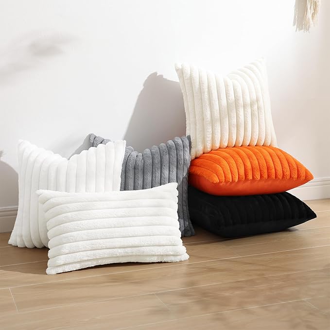decorUhome Faux Fur Throw Pillow Covers 20x20 Set of 2, Decorative Soft Plush Striped Neutral Couch Euro Pillow Covers with Velvet Back for Sofa, Bed, Living Room Home Decor, Black