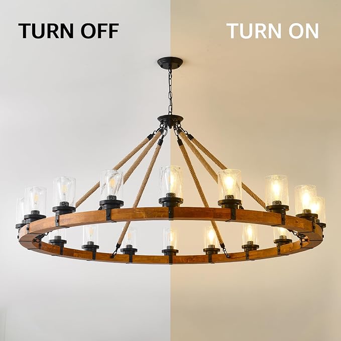 60-inch Rustic Wooden Chandelier with Bubble Glass Shade, 18-Light Modern Farmhouse Wagon Wheel Light for Dining Room Kitchen Island Entryway