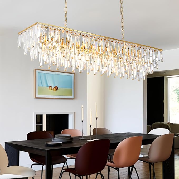 Rectangle Chandeliers for Dining Room, 47" Gold Modern Top K9 Rectangle Crystal Chandelier 14 Lights Rectangular Adjustable Pendant Ceiling Light Fixture for Dining Room Kitchen Island