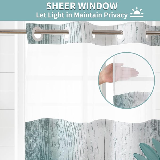 Muuyi Farm Teal Watercolor Floral Shower Curtain,No Hook Shower Curtain,Polyester Shower Curtains with Snap in Fabric,Sheer Top Window for Bathroom Decor,Waterproof & Washable,72W x 75L Inch