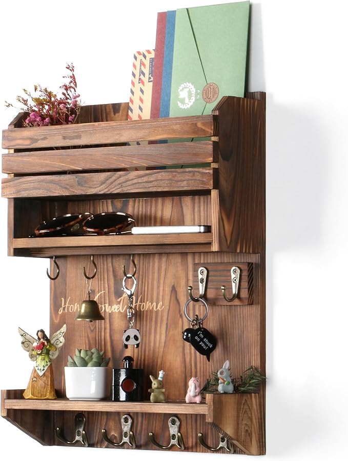 Key Holder, Wall Mounted Mail Organizer, Keys Holder on Wall with 9 Key Hooks, Umber