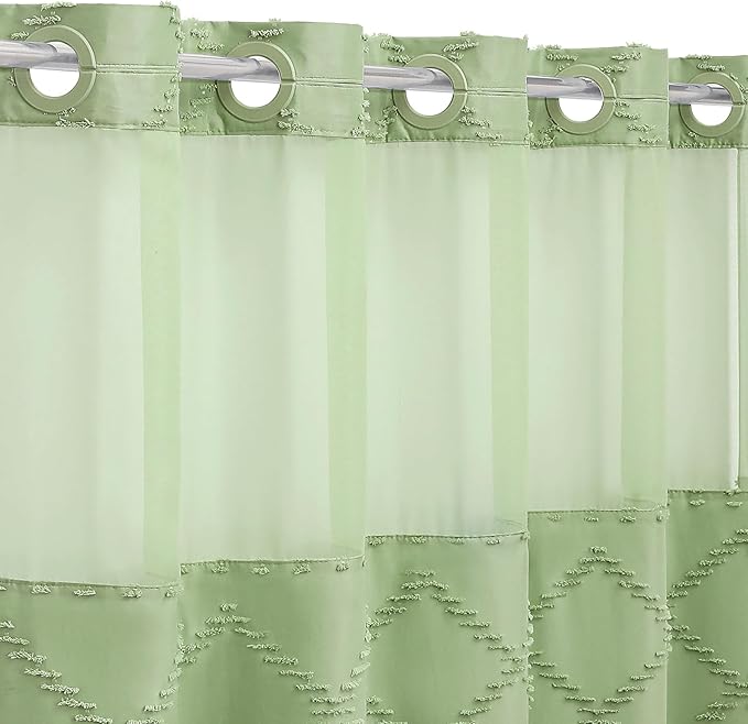 Boho Sage Woven Fabric Shower Curtain 72 x 74 Modern Farmhouse, No Hooks Tufted Chevron Striped Shabby Chic Textured, Minimalist Cloth Curtain for Bathroom, Hotel Decor