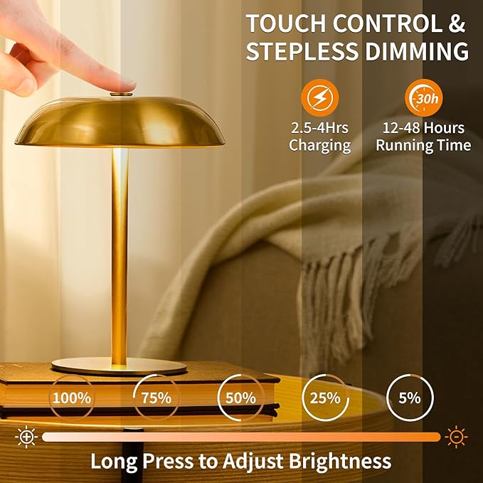 Cordless Mushroom Table Lamp, 2500mAH Rechargeable Battery Operated Lamp with 3 Color Stepless Dimming, Portable Touch Bedside Lamps for Bedroom, Nightstand, Patio, Office, Party, Bar, Gold