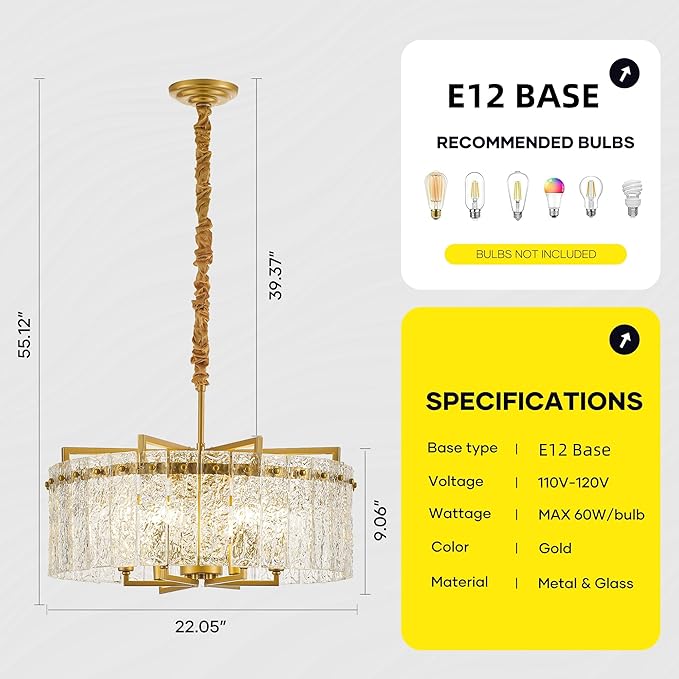Gold Crystal Chandeliers for Dining Room 6-Light, 22” Modern Water Ripple Glass Light Fixture, Farmhouse Round Lighting for Kitchen Island, Bar Table