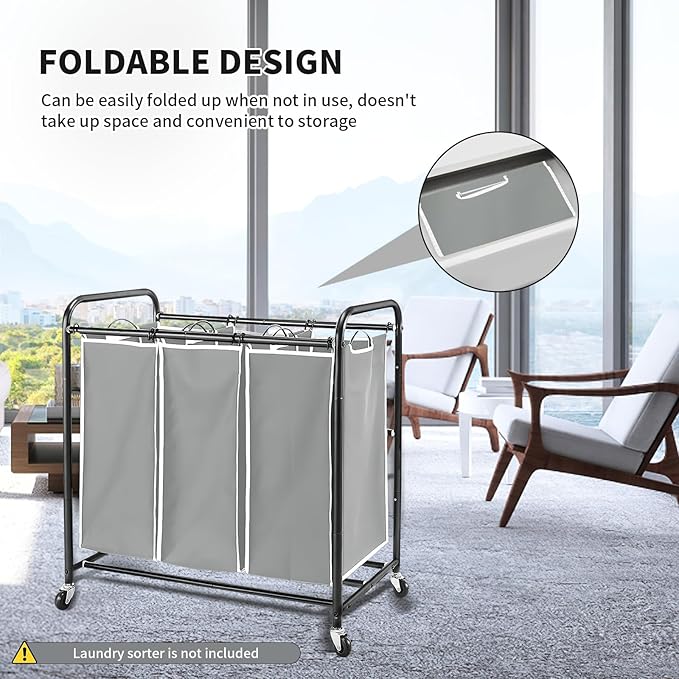 3 Bag Laundry Sorter Replacement Bags, Augot Large Hamper Cart Removable Replacement Bags with 6Pcs Hangers and Carry Handle, Laundry Organizer Storage Case 21"H×15"L×9"W
