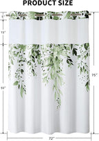 QiyI No Hook Shower Curtain with Snap in Fabric Liner, Olive Green Eucalyptus Shower Curtain with See Through Top Window, Waterproof Washable Cloth Ringless Shower Curtain Set for Bathroom, 72 x 75