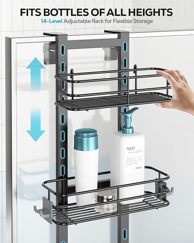 Nieifi Over the Door Shower Caddy, Adjustable 3 Tier Hanging Shower Organizer with Soap Holder Bathroom Shelves with Hooks, Black