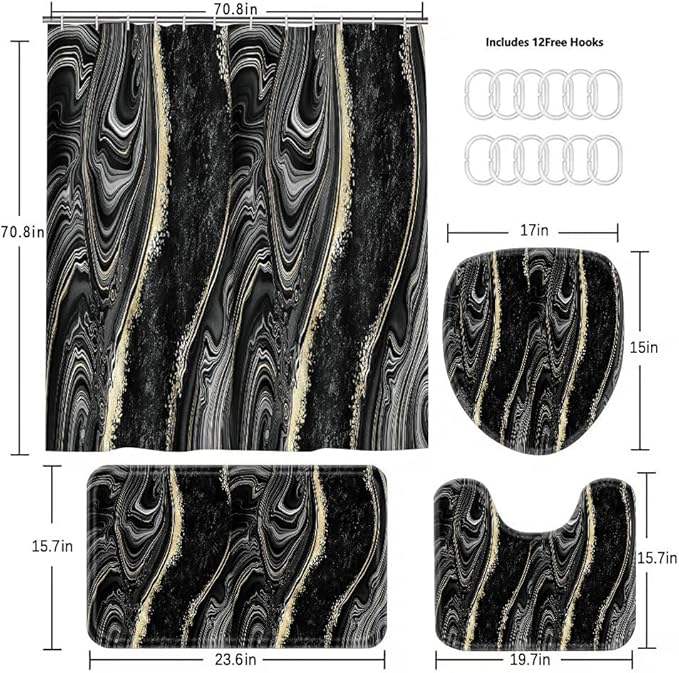 Black Marble Shower Curtain Set with Bath Mat, Toilet Lid Cover, U Shaped Rugs, Modern Abstract Gold Bathroom Decor Accessories, 70.8 x 70.8 inches Fabric, Waterproof, 12 Hooks.