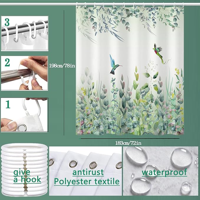 Green Leaf Shower Curtain - 72"W x 78"L with 12 Hooks, Weighted Hem, Waterproof, Sage Green
