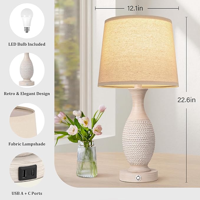 Seealle 22.6" Bedside Lamps Set of 2 with USB C+A - Dimmable Touch Lamps for Night Stands Bedroom Living Room End Table(Bulbs Included)