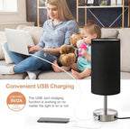 Bedside Lamp with USB Port - Touch Control Table Lamp for Bedroom Wood 3 Way Dimmable Nightstand Lamp with Round Black Shade for Living Room, Dorm, Home Office (LED Bulb Included) (Blacl2)