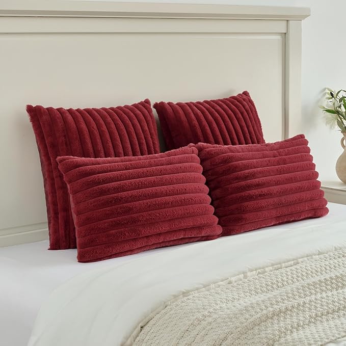 FUTEI Burgundy Striped Decorative Throw Pillow Covers 12x20 Inch Set of 2,Rectangle Winter Decorations Couch Lumbar Pillowcase,Soft Cozy Faux Rabbit Fur & Velvet Back,Modern Home Decor for Bed