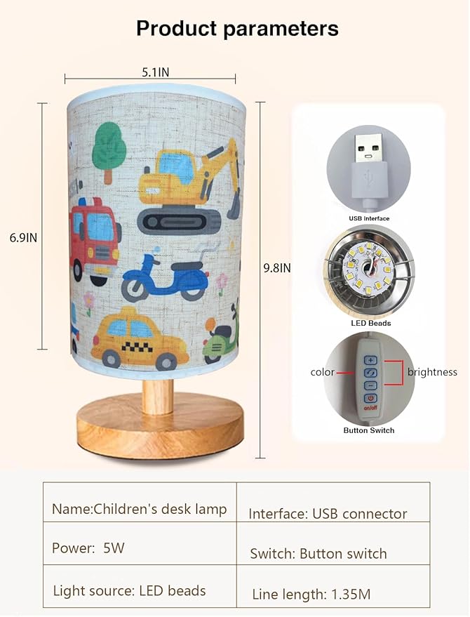 Kids Lamps for Bedrooms Boys, Car Lamp,3 Level Dimmable Wood Nightstand Desk Base Flaxen Fabric Shade for Bedroom Living Room,Car Gifts for Boys (car)