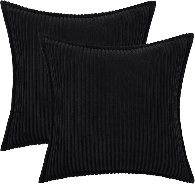 Mecatny Corduroy Throw Pillow Covers 16x16 Set of 2, Neutral Decorative Soft Boho Couch Pillow Covers with Broadside for Sofa Living Room, Black