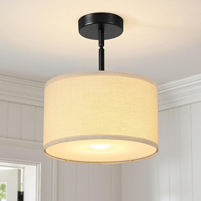 Semi Flush Mount Ceiling Light Fixture, 12'' Drum Chandelier with Classic Fabric Linen Shade, Modern Close to Ceiling Light for Bedroom, Hallway, Dining Room and Kitchen