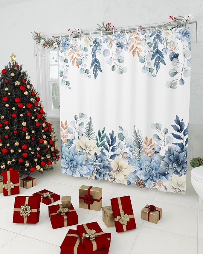 Vandarllin Blue Christmas Poinsettia Shower Curtain, Winter Eucalyptus Leaves Shower Curtains Set with Hooks, Waterproof Fabric Bathroom Curtains Decor Home Accessories,Stall 48 X 72 Inch