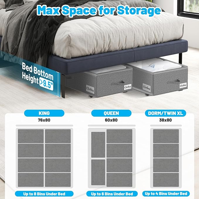 2 Pack Under Bed Storage with Wheels 10" Height, Rolling Storage Bins XXL 60L, Underbed Shoe Storage Containers with Label & Clear Lid, Dorm Under bed Drawers for Clothes, Shoes, Quick Assembly, Grey