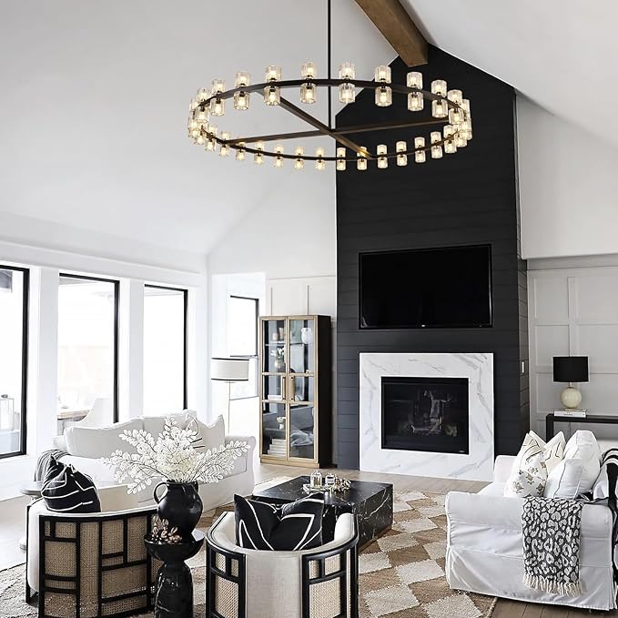 Modern 60 inch Black Round Chandelier, Extra Large Chandeliers Crystal Chandeliers for Living Room, Large Wagon Wheel Chandelier for Foyer, Staircase, Entrance,Includes Bulb
