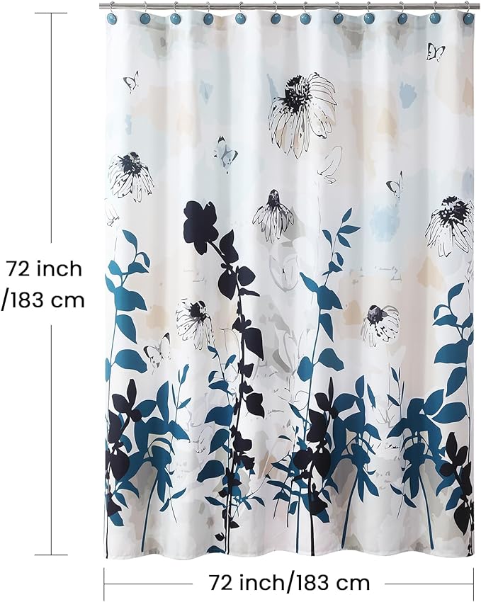 Fabric Floral Shower Curtain, Blue Black Beige Watercolor Plant Shower Curtains for Bathroom, Modern Decorative Bathroom Curtains, 72" W x 72" H