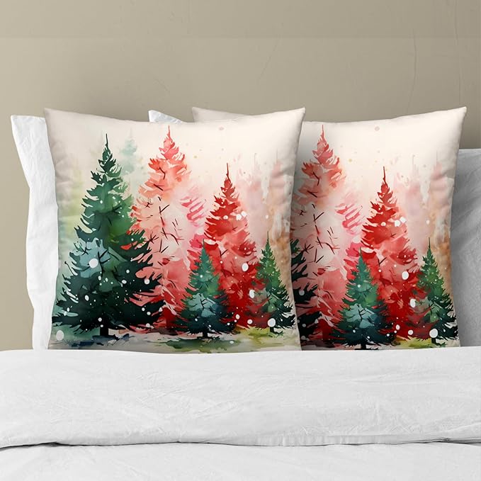 Christmas Throw Pillow Cushion Cover 22x22 in, 2 PCS Xmas Theme Colorful Pine Tree Decorative Square Holiday Accent Pillow Casefor Home Decor Sofa Chair Bedroom