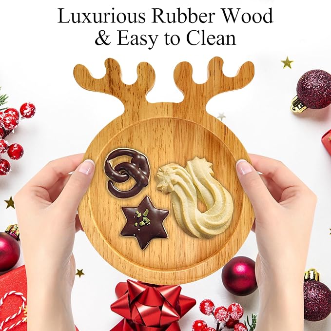 Small Wood Christmas Decor Tray 6" Round Plate MIni Wooden Xmas Cookies Trays Cheese Charcuterie Board Snack Plates for Christmas Holiday Decorations Serving Dish Decorative Dessert Appetizer Platter