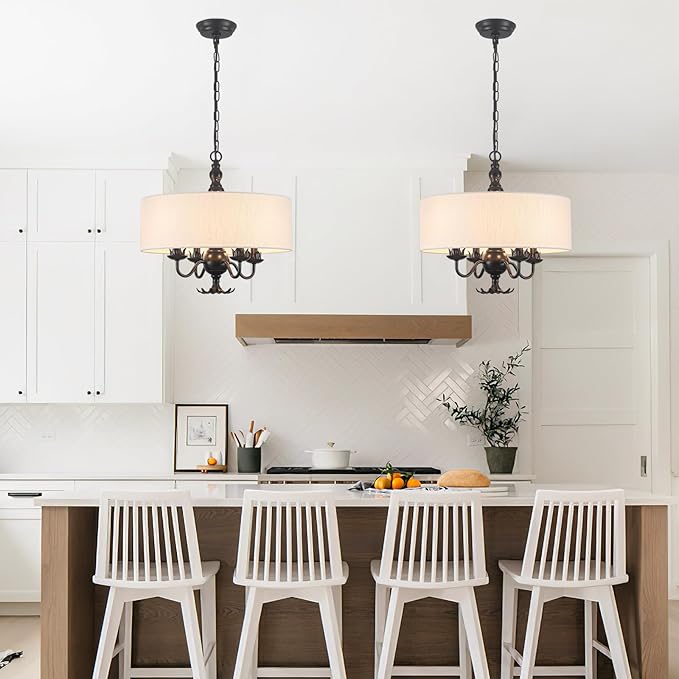 Drum Chandelier, 17.71” Farmhouse Chandeliers for Dining Room 4-Light with White Linen Drum Shade, Adjustable Height Round Chandelier Hanging Light for Kitchen Living Room Bedroom, UL-Listed