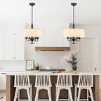 Drum Chandelier, 17.71” Farmhouse Chandeliers for Dining Room 4-Light with White Linen Drum Shade, Adjustable Height Round Chandelier Hanging Light for Kitchen Living Room Bedroom, UL-Listed